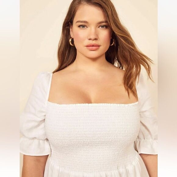 REFORMATION White MARABELLA Smocked Summer Linen Front Slit Midi Dress - Picture 5 of 11